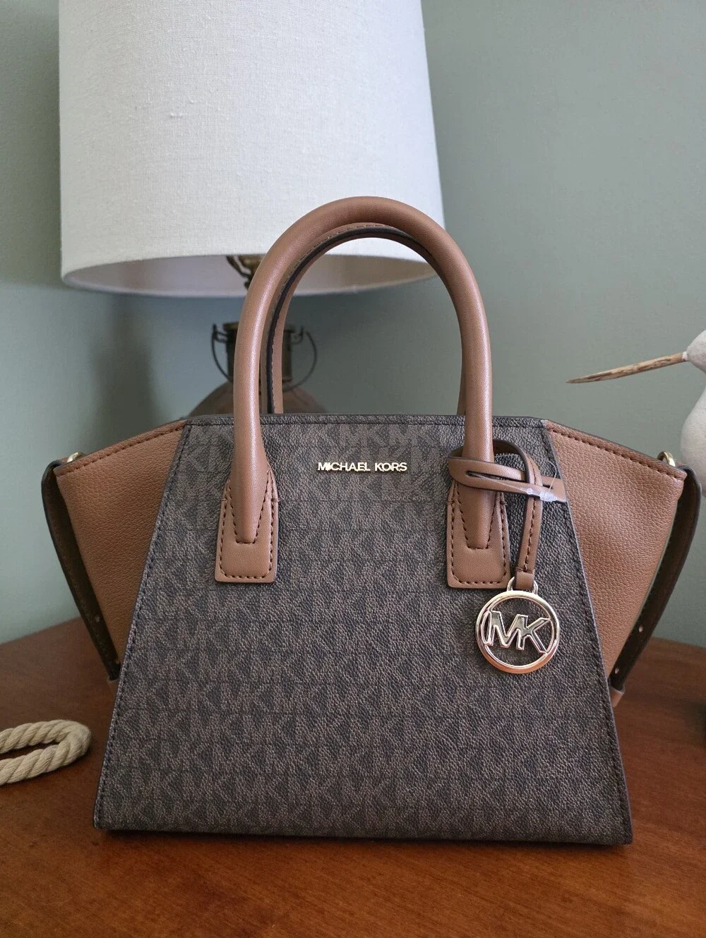 Michael Kors Avril Small Satchel Crossbody Brown MK Signature Coated Canvas Bag